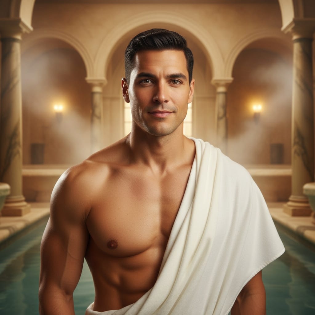 athletic latino man roman bath house 80095866