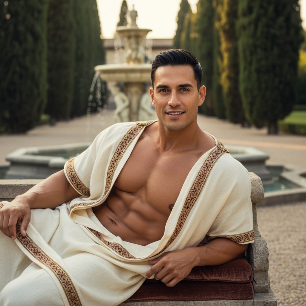 athletic latino man roman villa garden 80200883