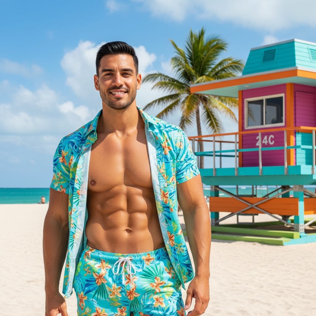 athletic latino man south beach lifeguard stand 74326596