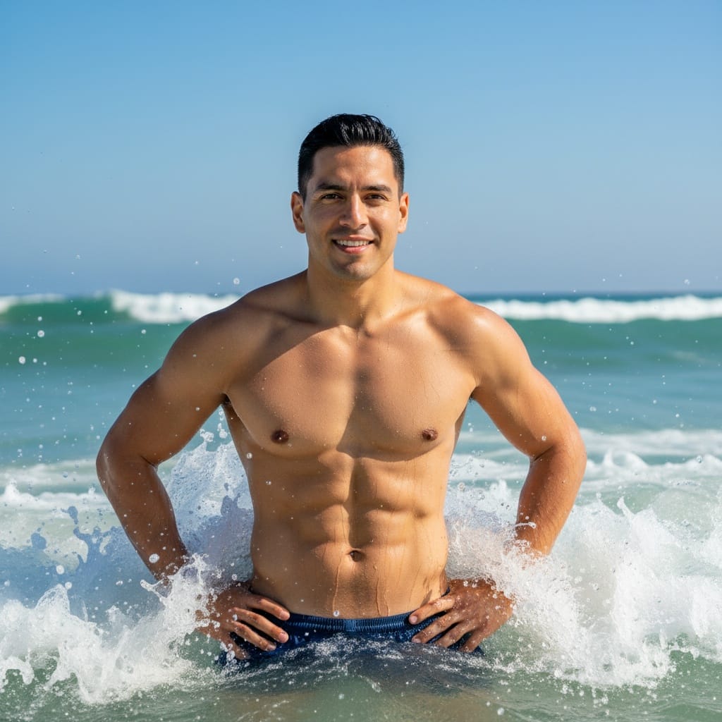 athletic latino man standing in ocean waves 97905514