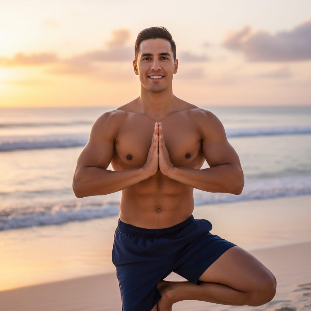 athletic latino man sunrise beach yoga pose 95569642