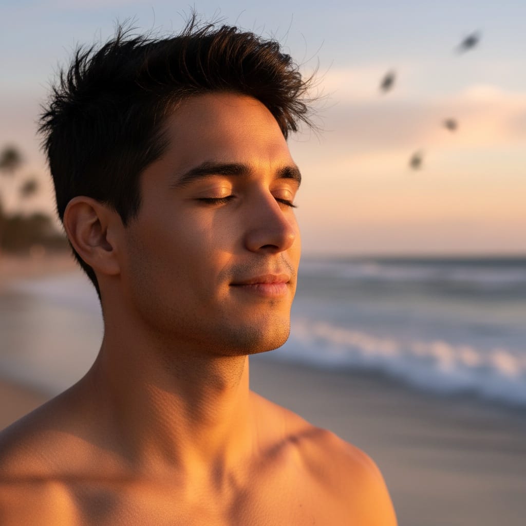 athletic latino man sunset beach meditation closeup 12793317