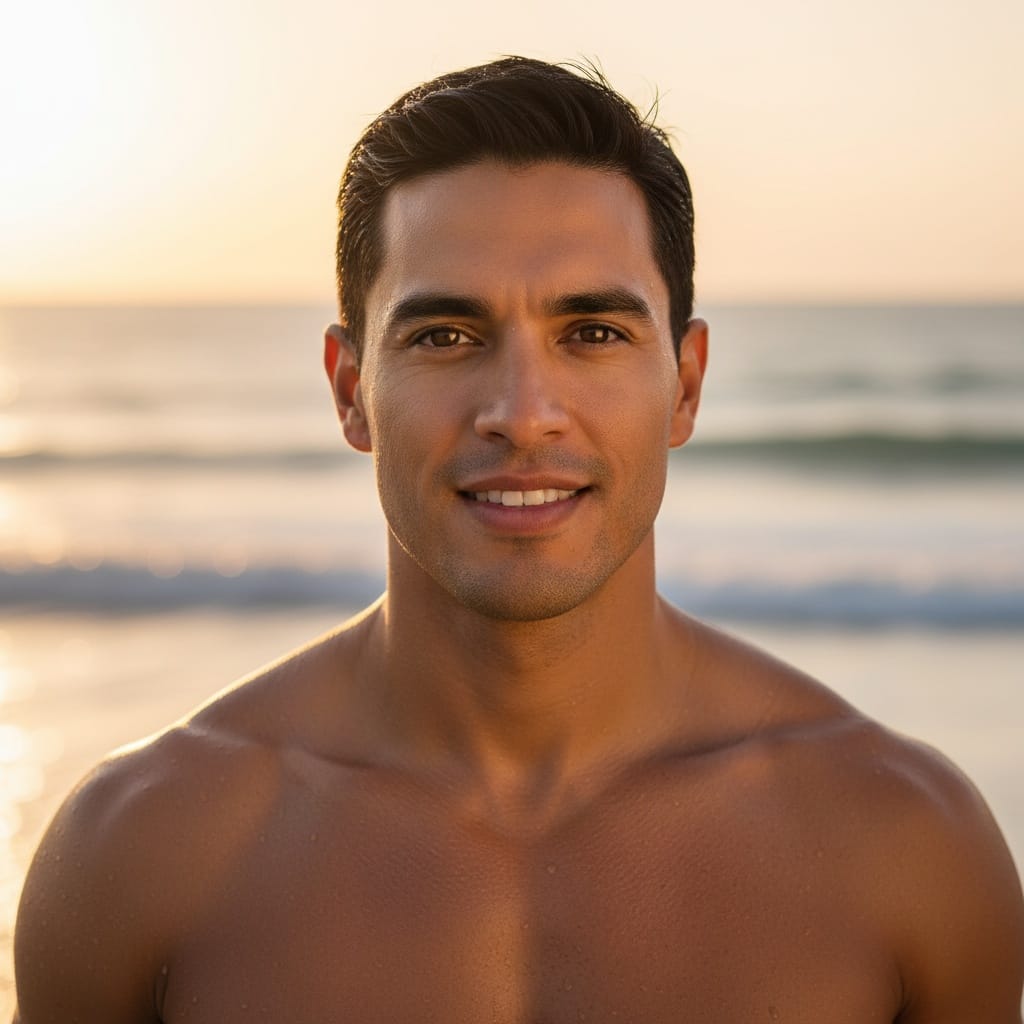 athletic latino man sunset beach portrait closeup 87909060