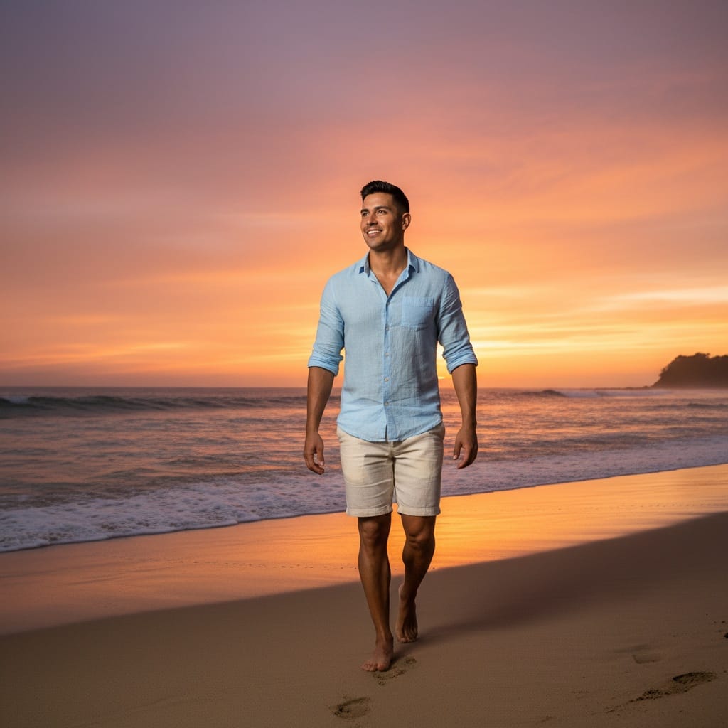 athletic latino man sunset beach walk 60450135