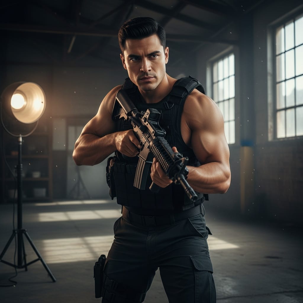 athletic latino man tactical gear ready for action 76074335