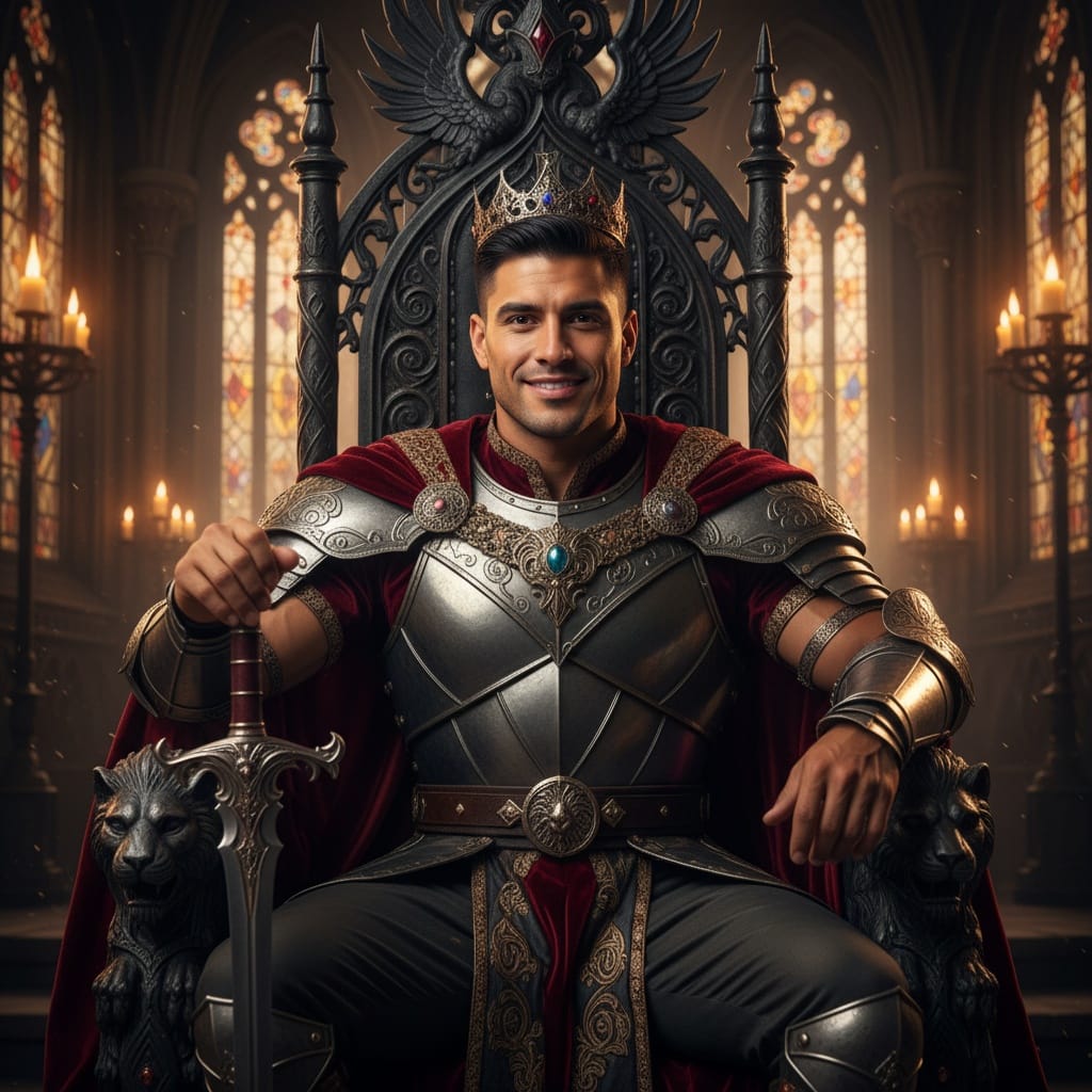 athletic latino man throne room regal pose 41938514