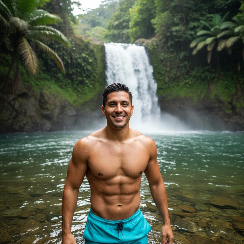athletic latino man waterfall swimming adventure 33613025