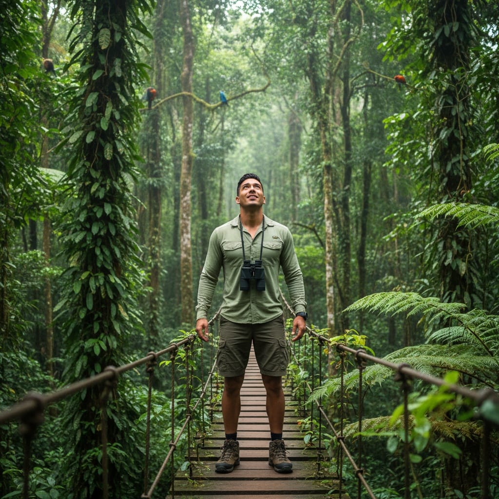 athletic latino man wildlife encounter bridge 30067036