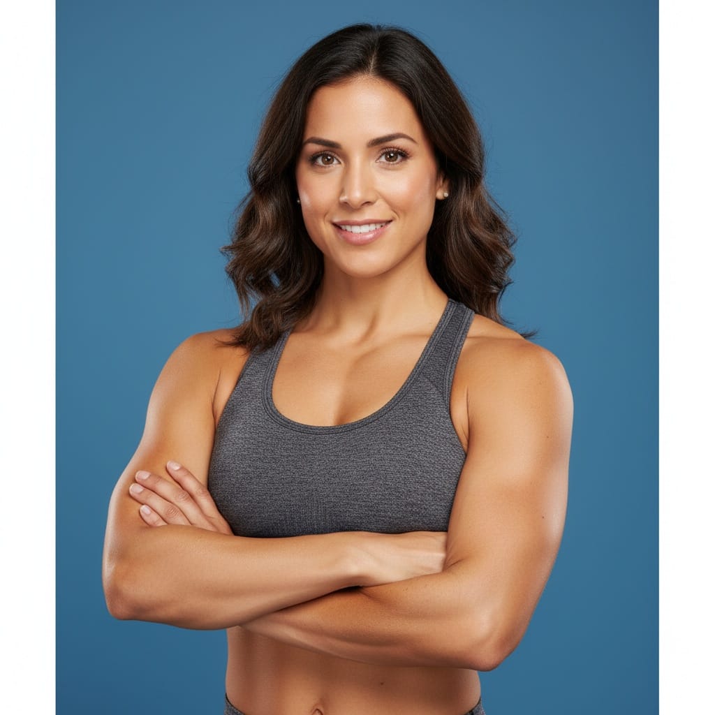 athletic latino woman arms crossed confident stance 91143091