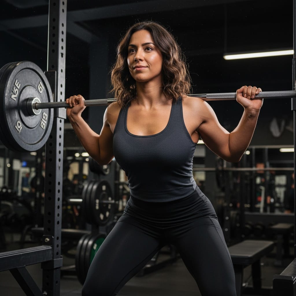 athletic latino woman barbell squat power 68635315