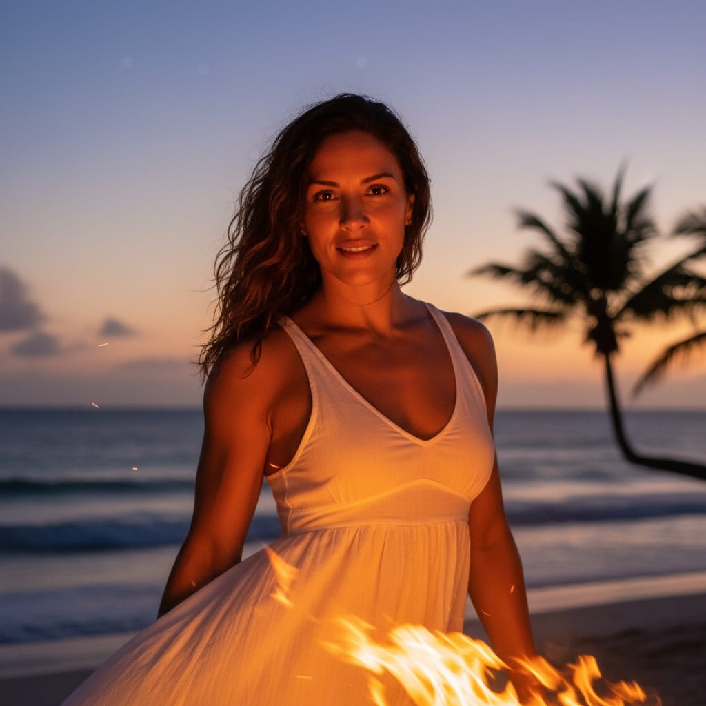 athletic latino woman beach bonfire evening 57352616