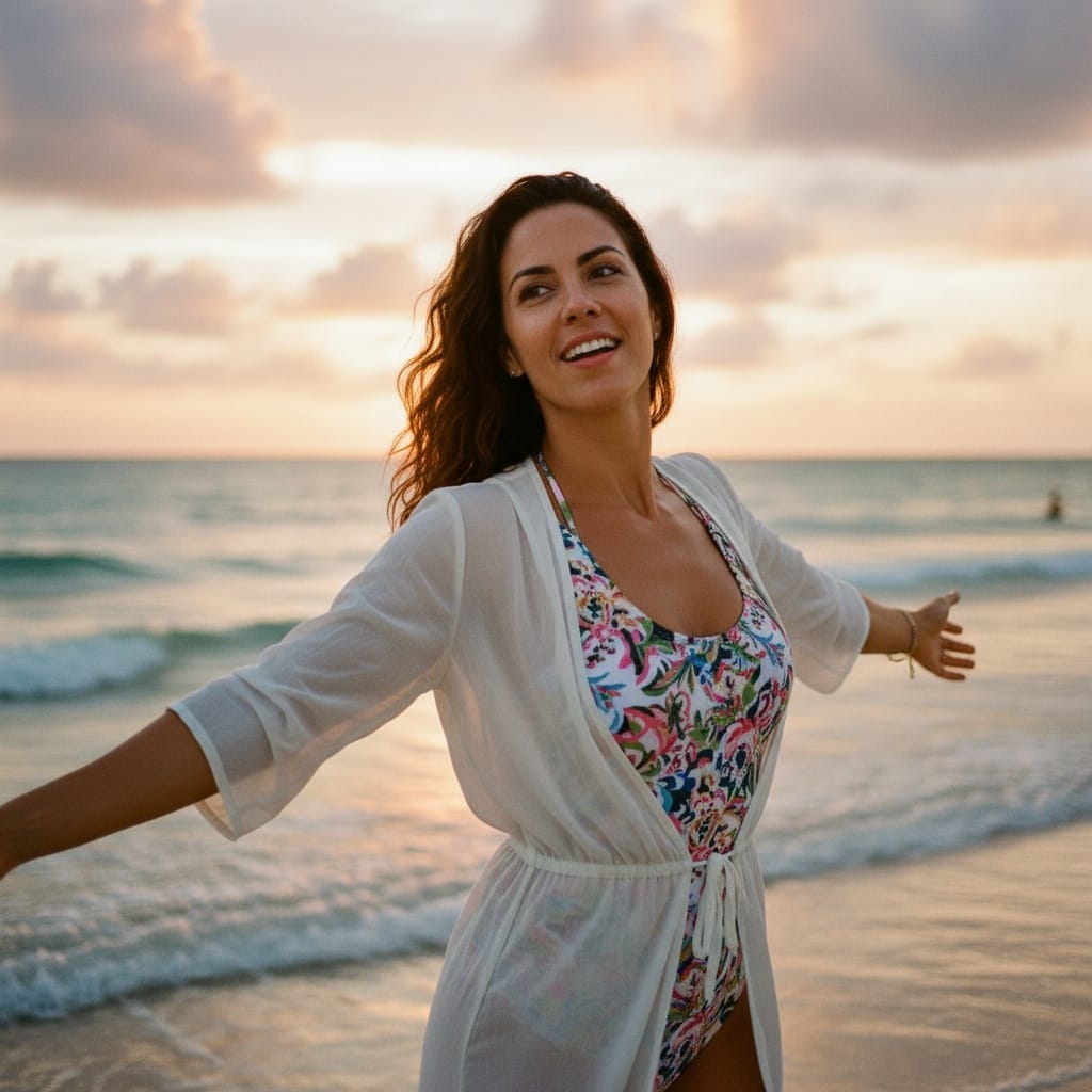 athletic latino woman beach sunset golden hour 59007490