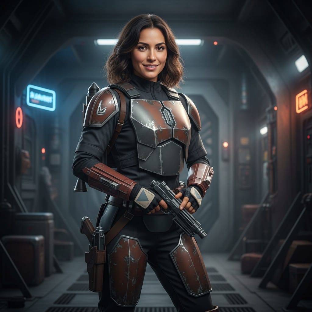 athletic latino woman bounty hunter armor 97202661