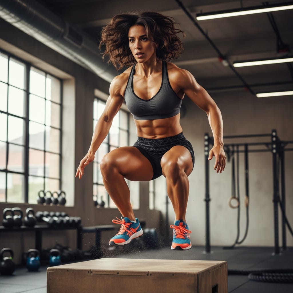athletic latino woman box jump mid air 58122116