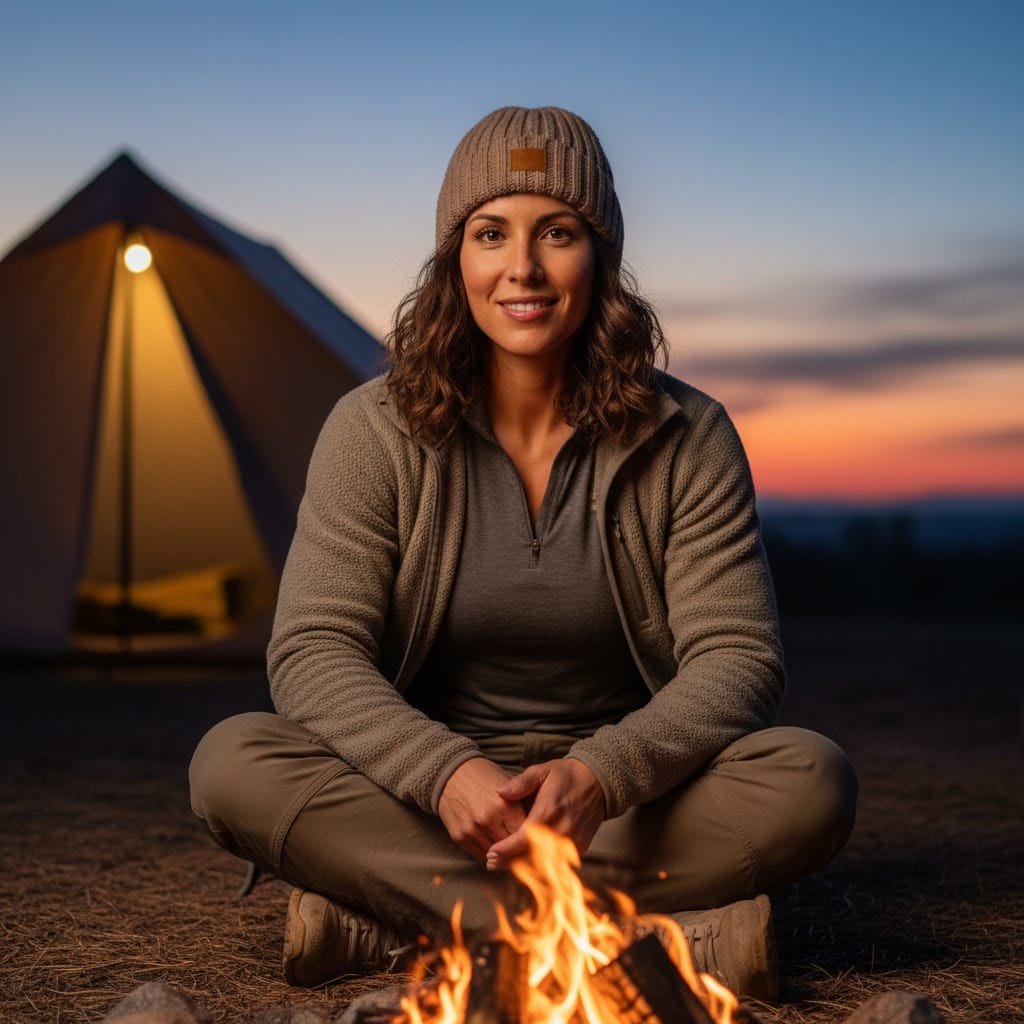 athletic latino woman campfire relaxed evening 32884462