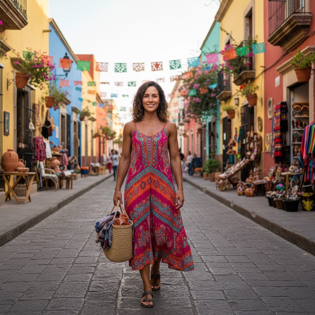 athletic latino woman colorful mexican street scene 85768720