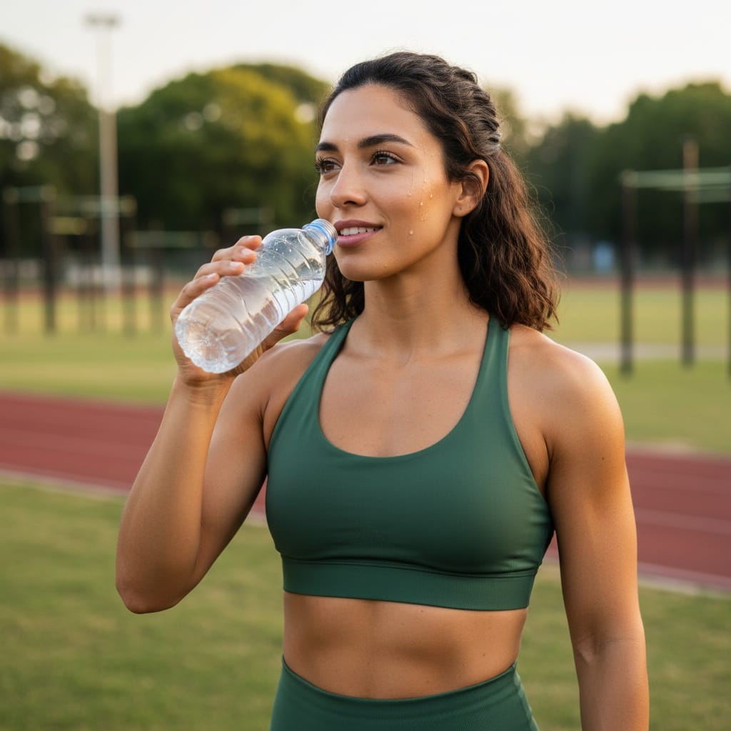 athletic latino woman cooldown water break 67029306