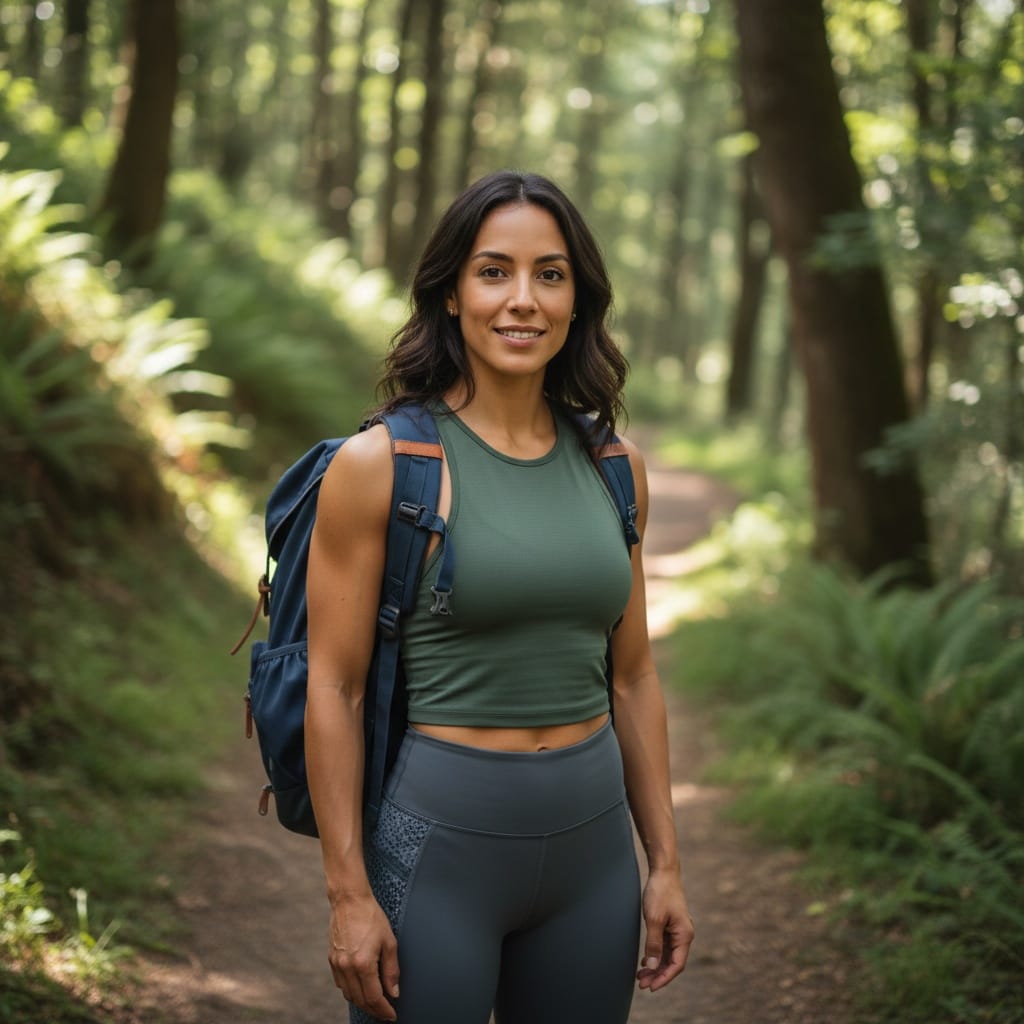 athletic latino woman forest trail portrait 34179749