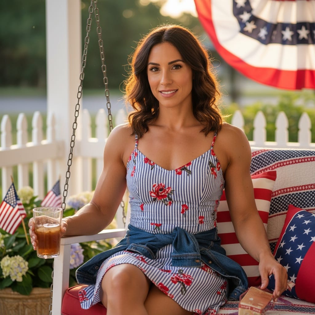 athletic latino woman front porch americana 16533740