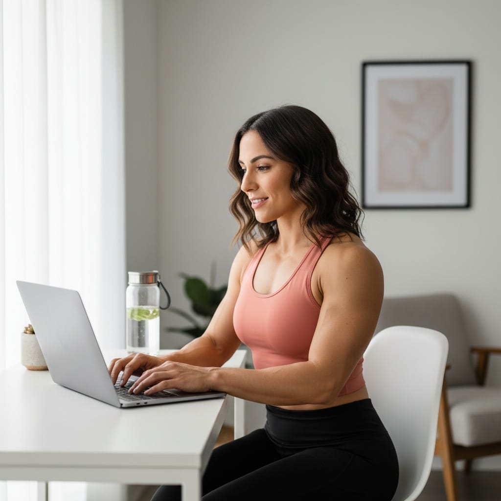 athletic latino woman laptop coaching session 76608956