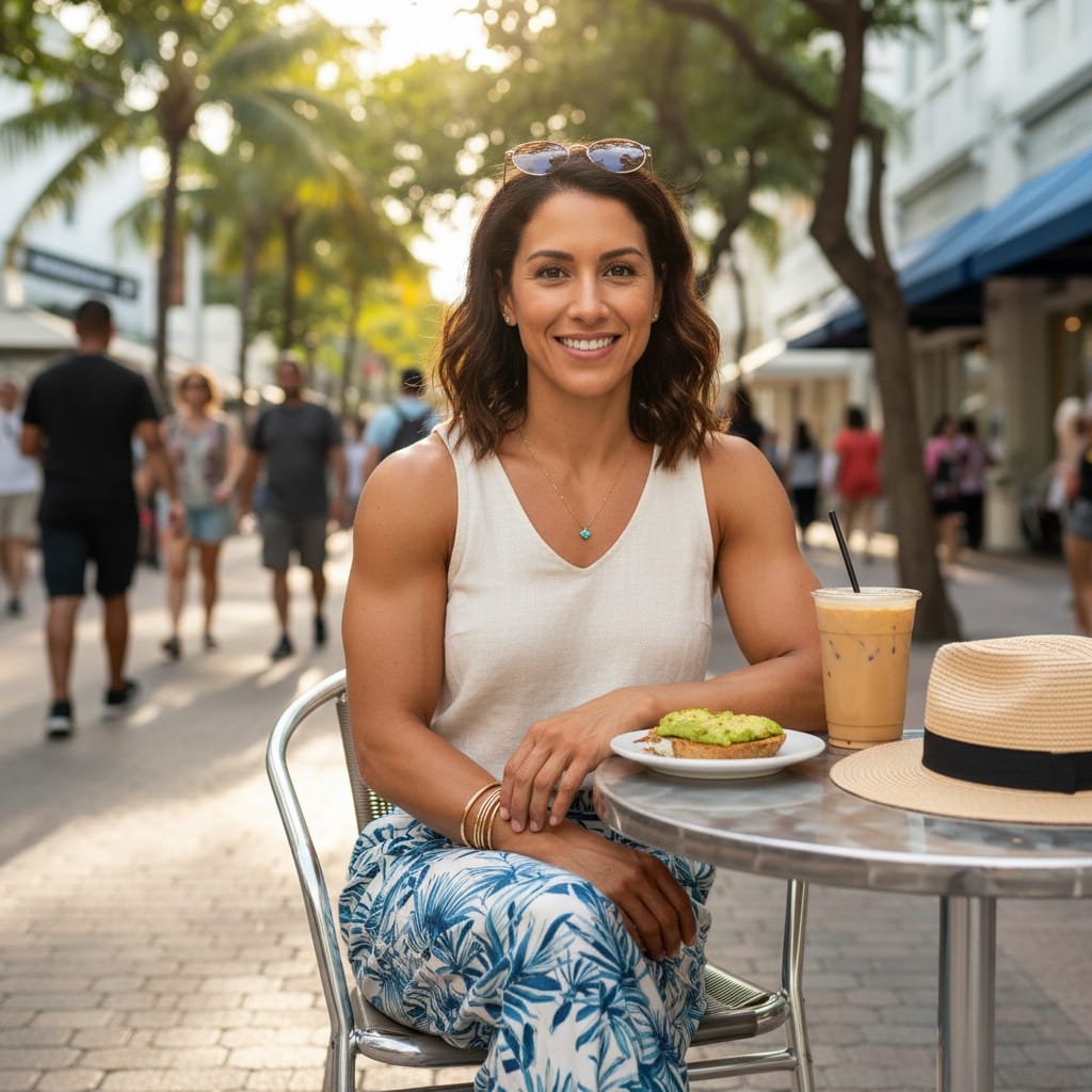 athletic latino woman lincoln road outdoor cafe 13156827