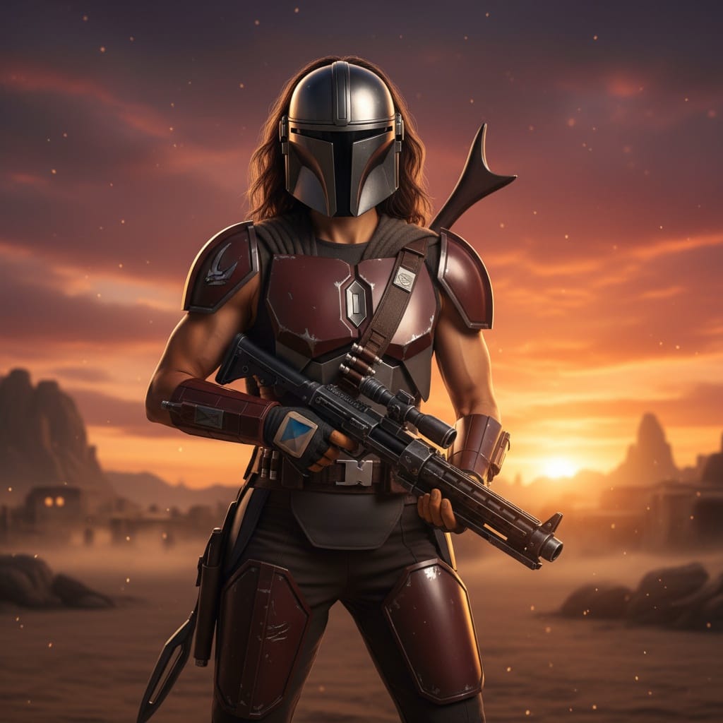 athletic latino woman mandalorian warrior stance 87706093