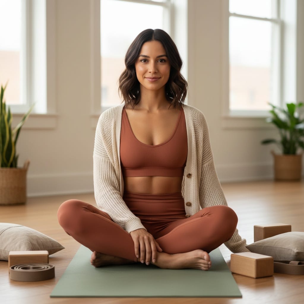 athletic latino woman mat with props seated 51303539
