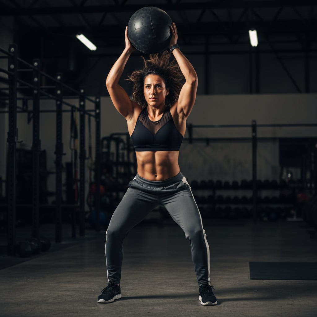 athletic latino woman medicine ball slam 34022812