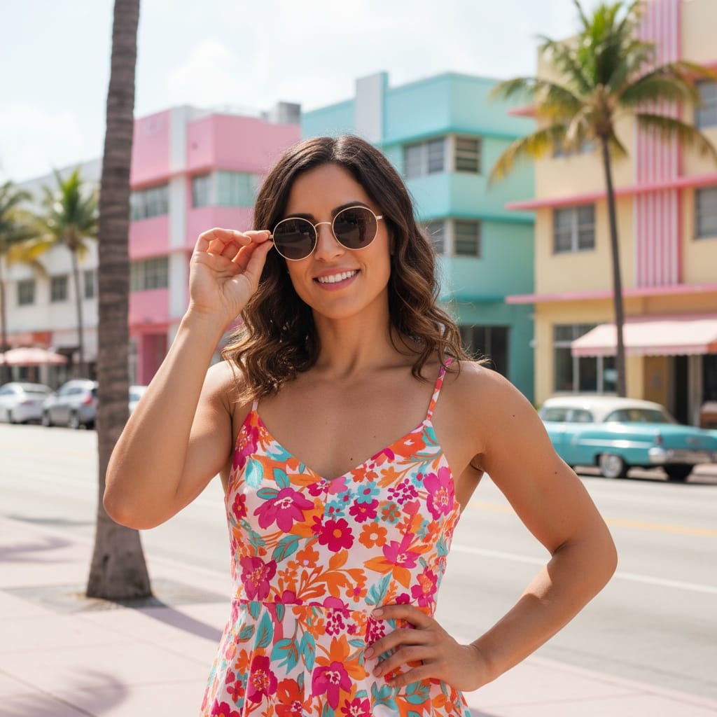 athletic latino woman ocean drive art deco 67946378