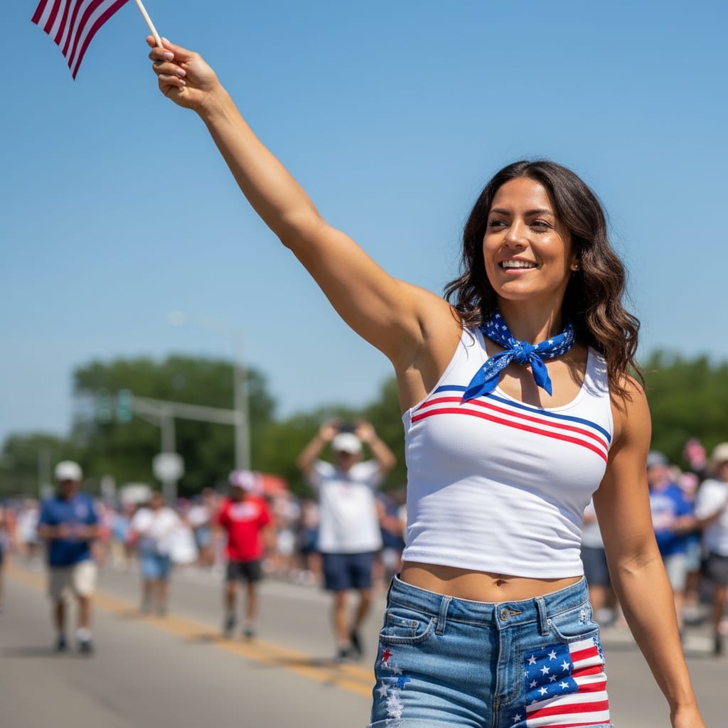 athletic latino woman parade route waving 35705329