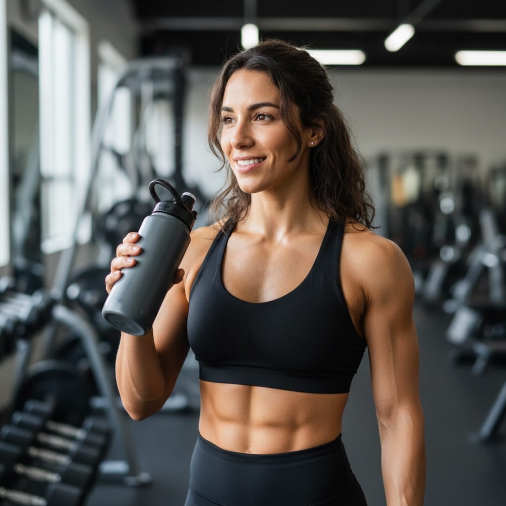 athletic latino woman post workout water break 39680159
