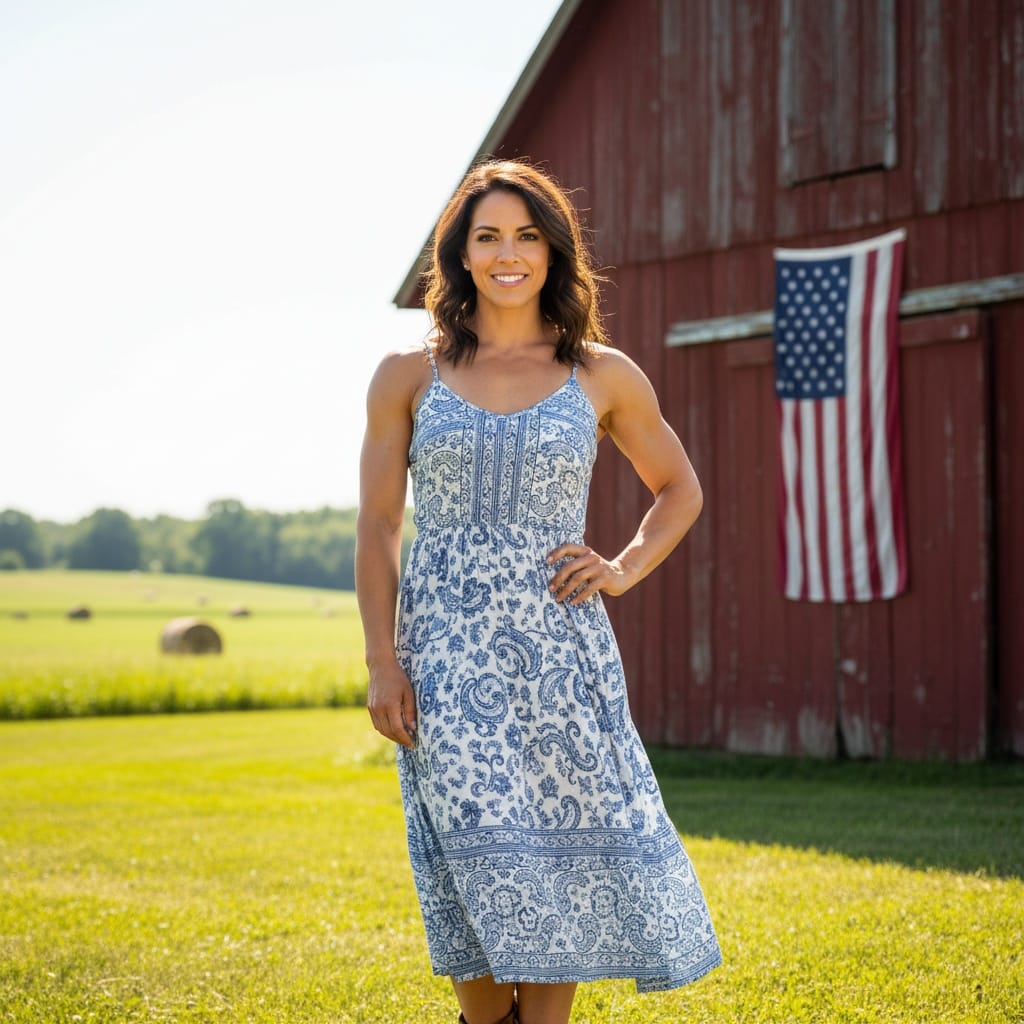 athletic latino woman red barn americana 91041444
