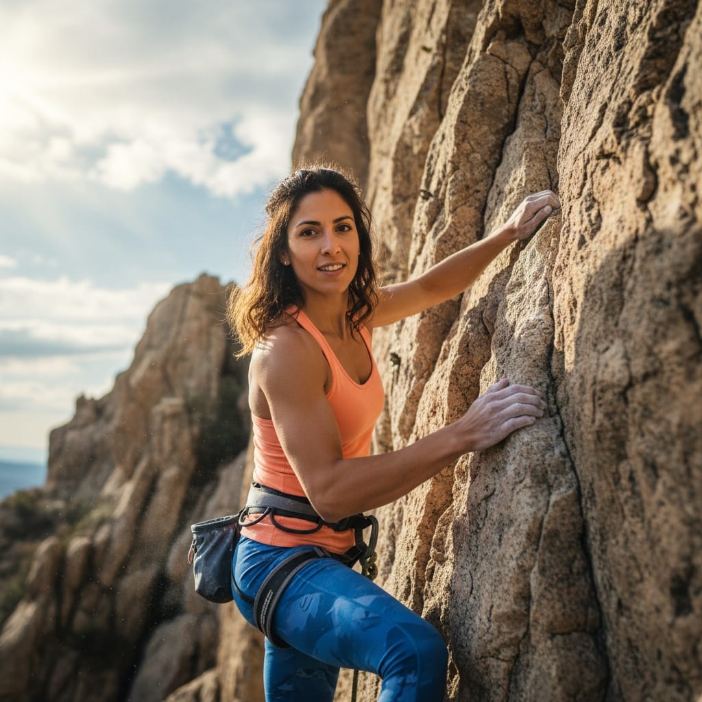 athletic latino woman rock climbing action 13755868