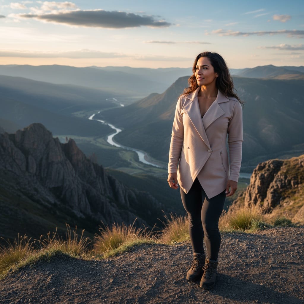 athletic latino woman scenic overlook view 79500355
