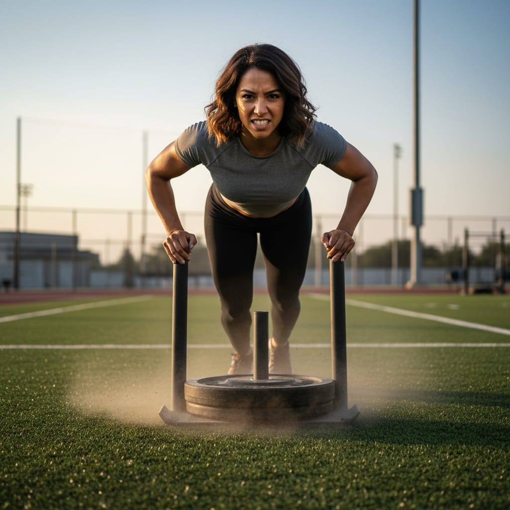 athletic latino woman sled push power drive 21332467