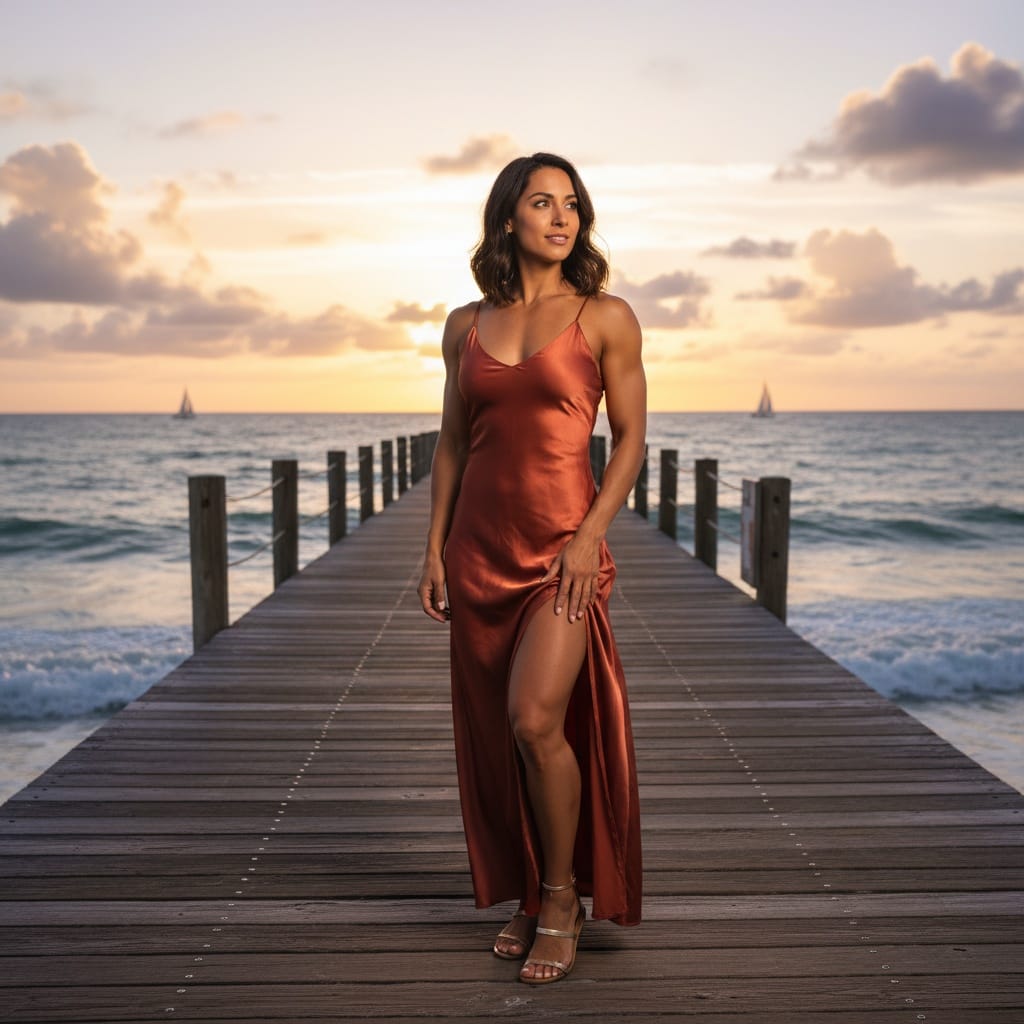athletic latino woman south pointe pier sunset 69771908