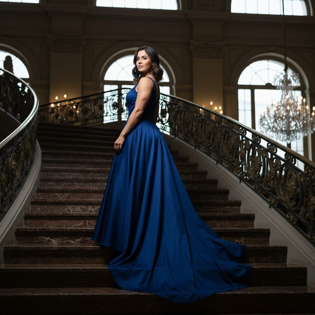 athletic latino woman staircase dramatic pose 68395665