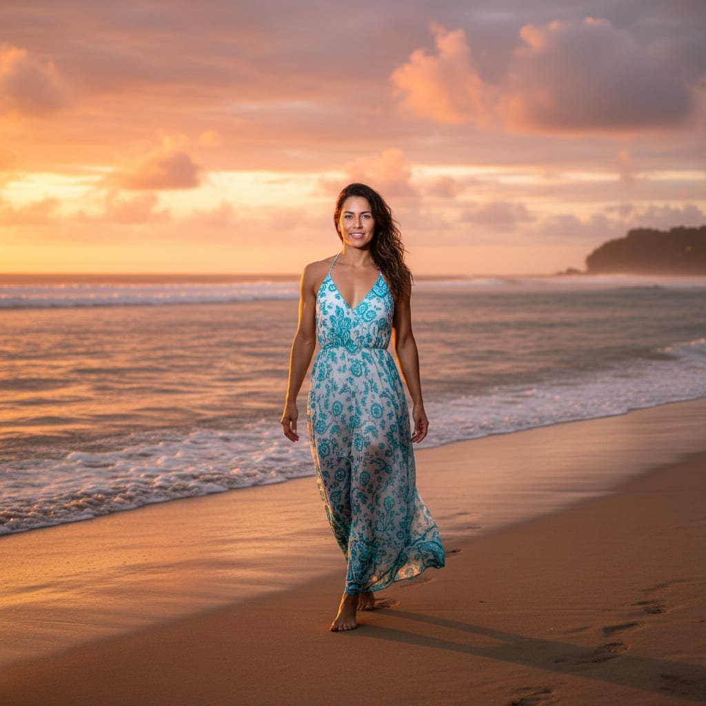 athletic latino woman sunset beach walk 50144133