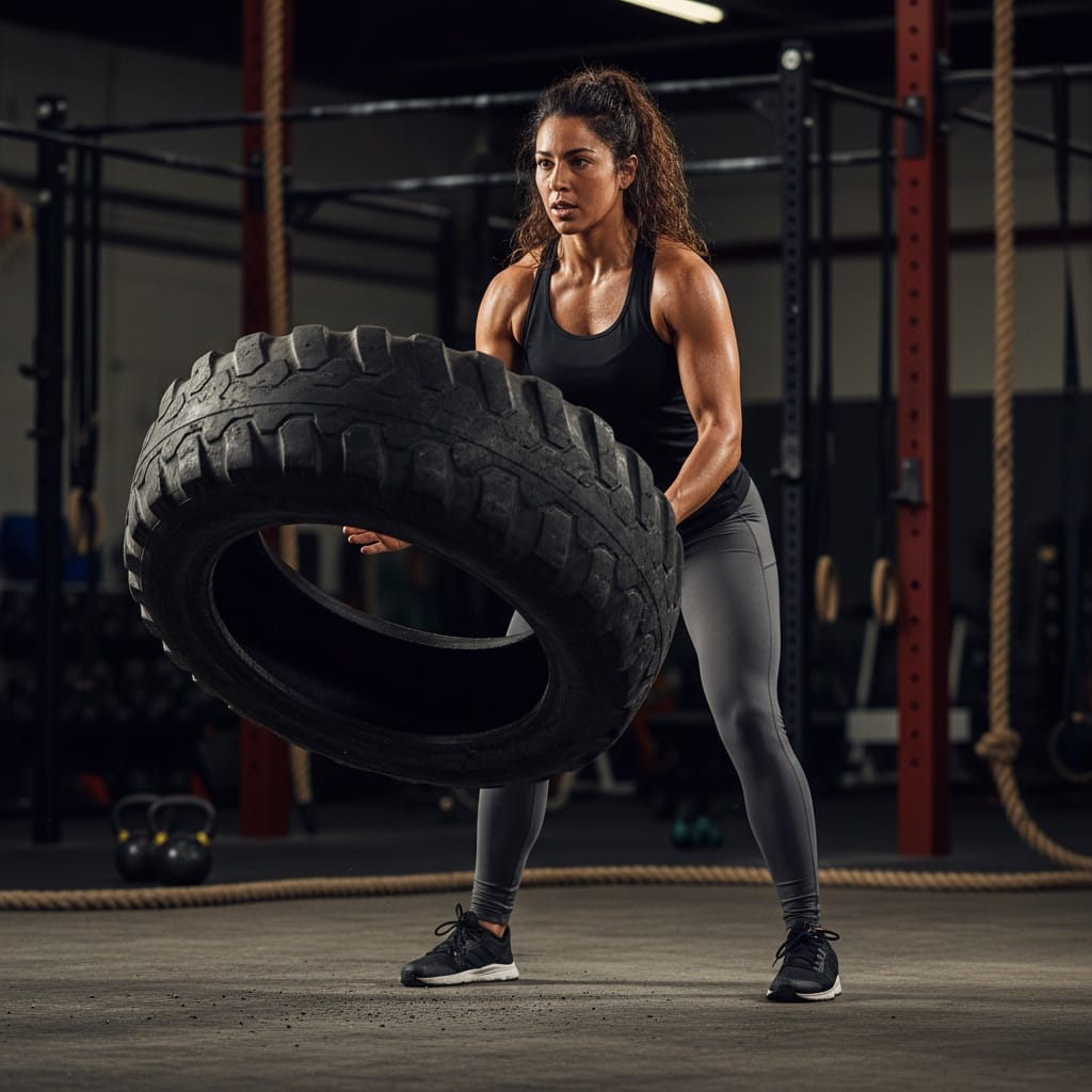 athletic latino woman tire flip strength 37206881