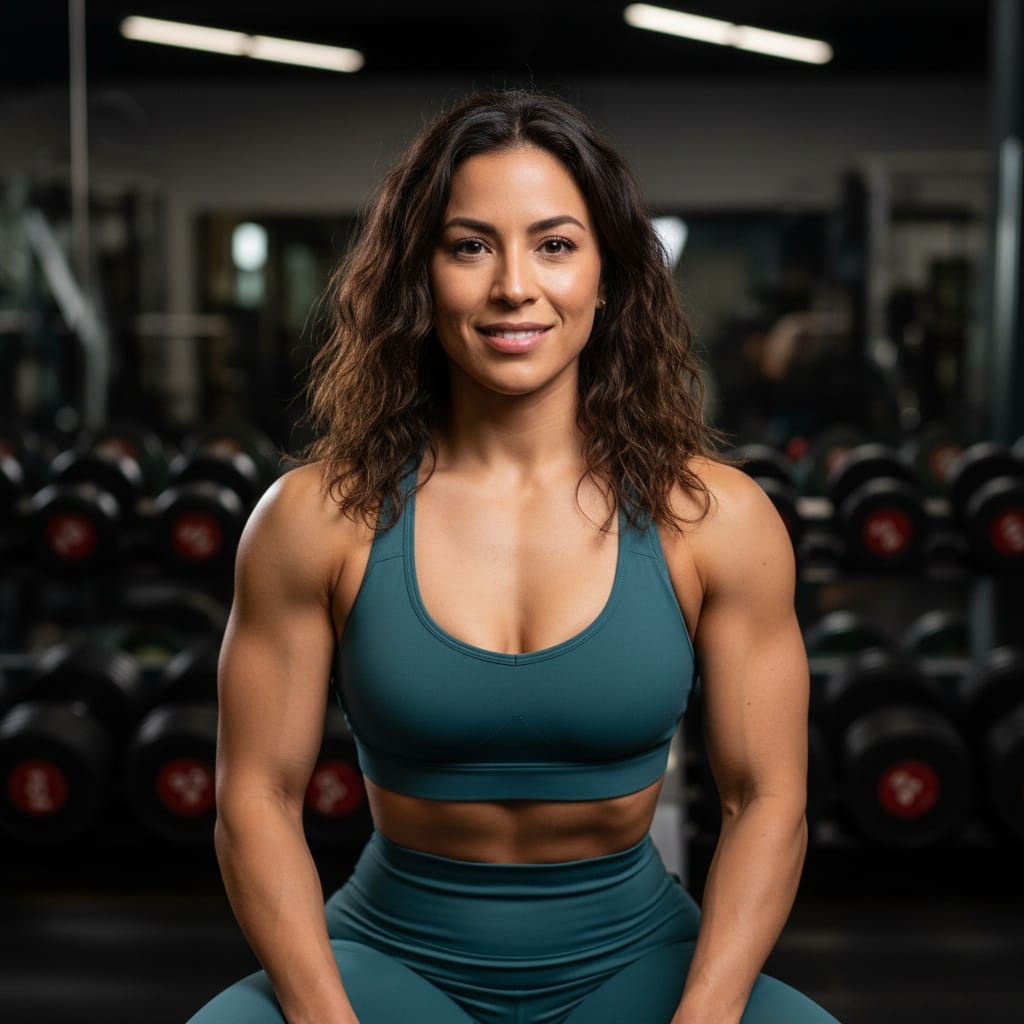 athletic latino woman weight bench close up 61357878