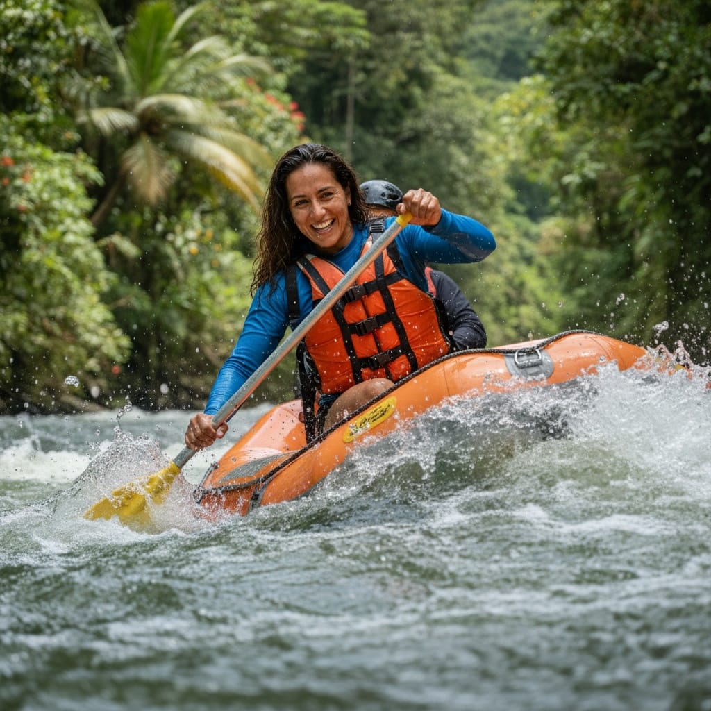 athletic latino woman whitewater rafting action 43838916