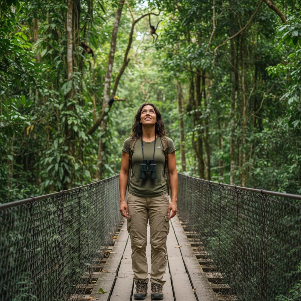 athletic latino woman wildlife encounter bridge 22380255