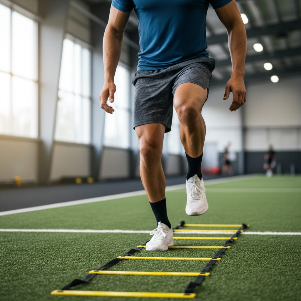 athletic middle_eastern man agility ladder drills 29558939