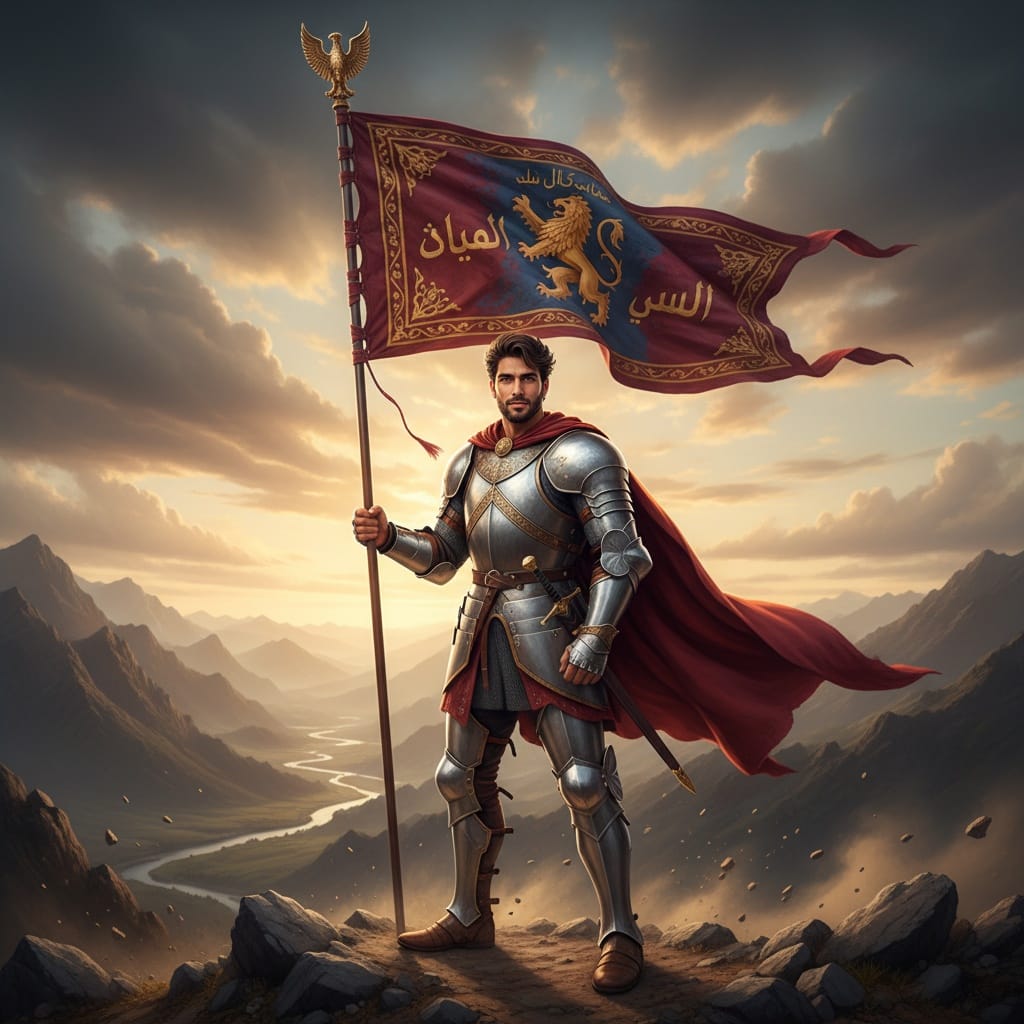 athletic middle_eastern man banner carrier heroic 11691977