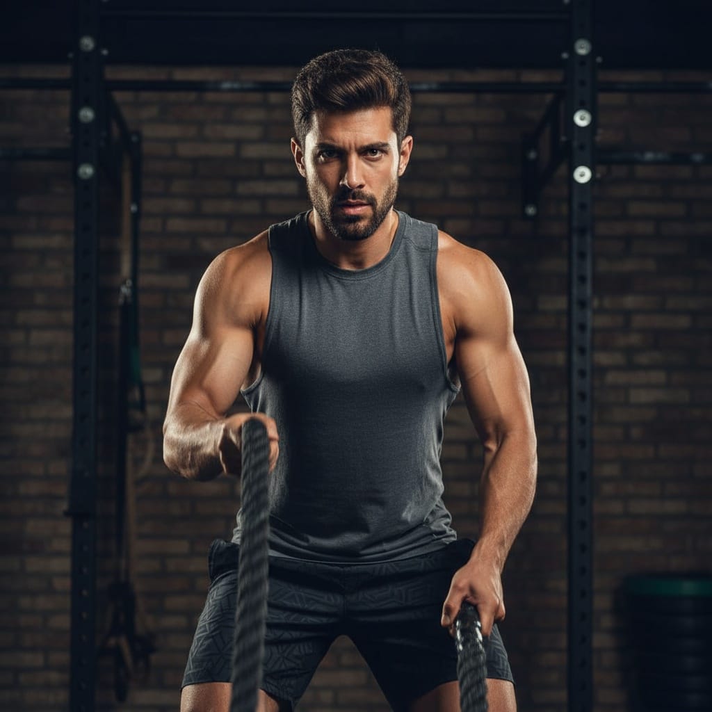 athletic middle_eastern man battle ropes intensity 65472857