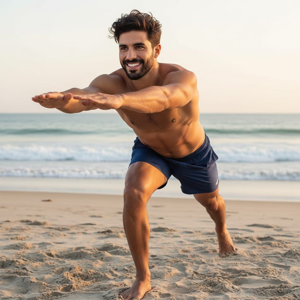 athletic middle_eastern man beach yoga pose fitness 84131817