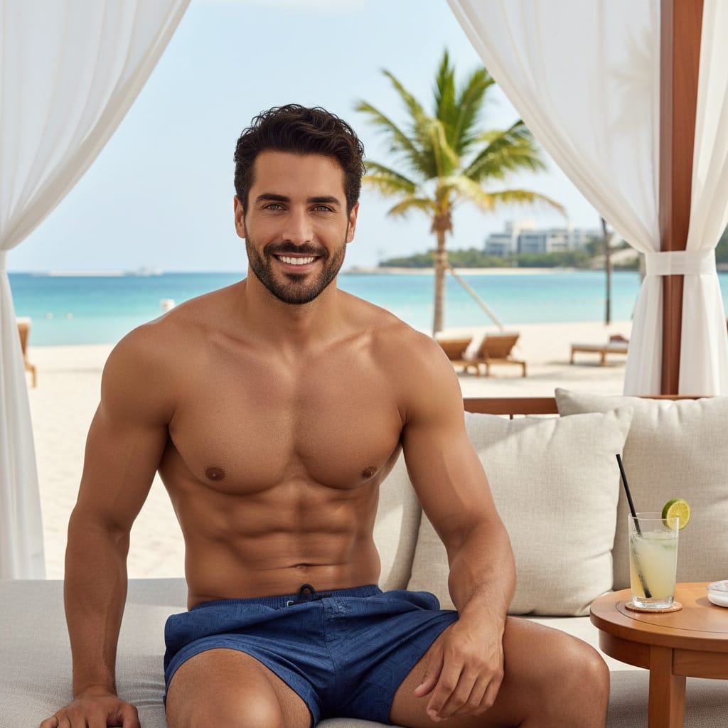 athletic middle_eastern man beachside cabana shade 43702364