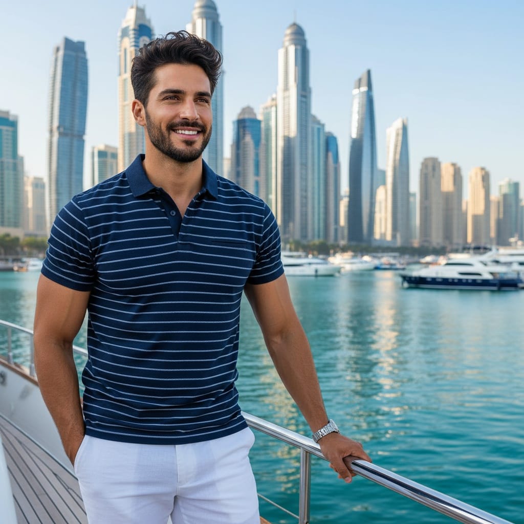 athletic middle_eastern man dubai marina yacht deck 64509092
