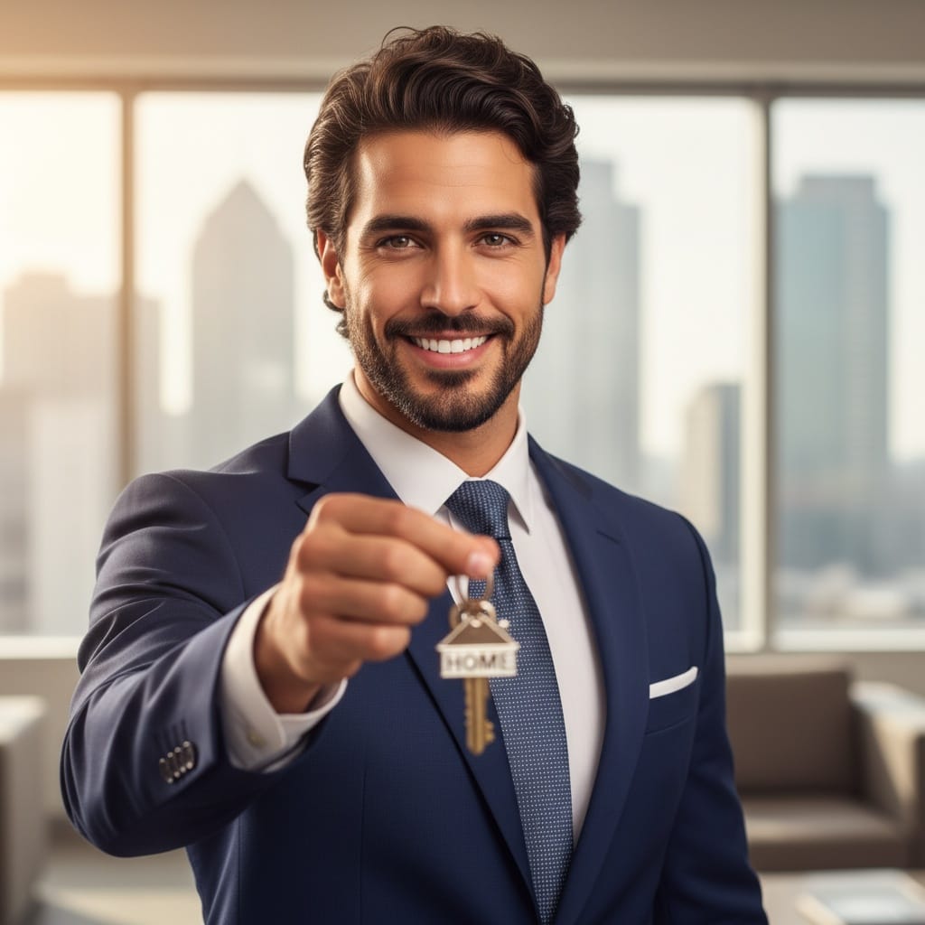 athletic middle_eastern man keys in hand success 84027858