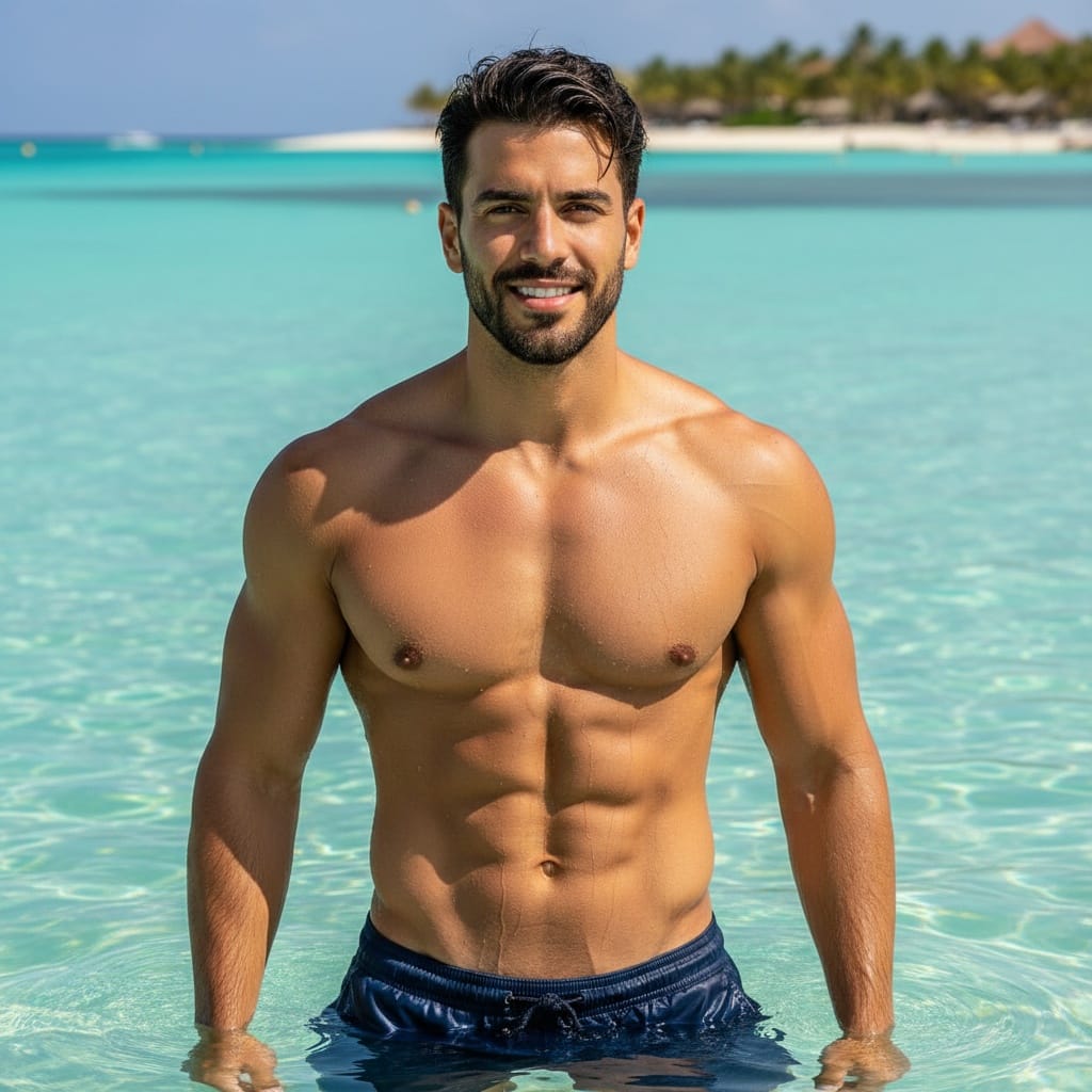 athletic middle_eastern man ocean water waist deep 59043138